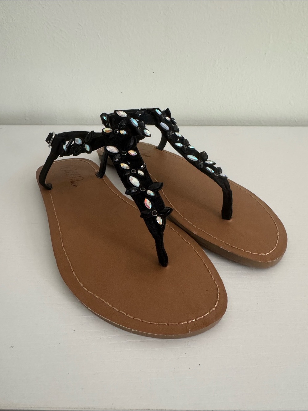 Wild Pair Black Jeweled T-Strap Sandals with Tan Footbed